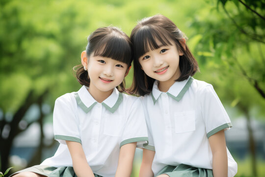 Two young asian schoolgirls in casual school uniform in a green park