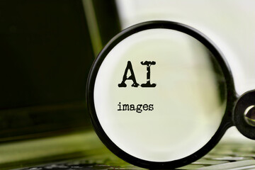 AI image technology demonstrated with laptop, text and magnifying glass and command prompt. Chat with artificial intelligence.