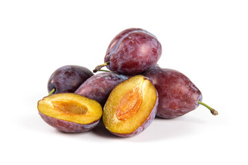 ripe plum prunes fruit isolated on white background.