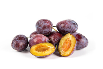 ripe plum prunes fruit isolated on white background.