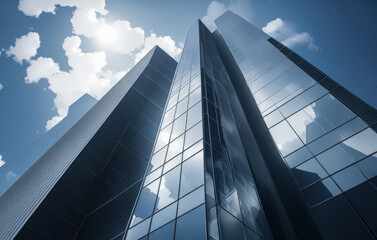 Reflective skyscrapers, business office buildings. Low angle photography of glass curtain wall details of high-rise buildings. Window glass reflects blue sky and white clouds. Generative AI