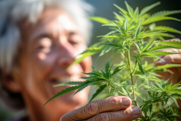 An elderly woman taking care of a medical cannabis plantation. Use of CBD in senior health to reduce rheumatism and pain, for a happy Sunset of life. - obrazy, fototapety, plakaty