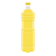 Sunflower oil layout isolated on white. Close up of plastic bottle of yellow color in flat style. Vector picture for vegetable oil, cooking ingredient, organic product illustration, brand design.