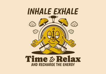 Time to relax and recharge energy, alarm clock mascot character in meditation pose