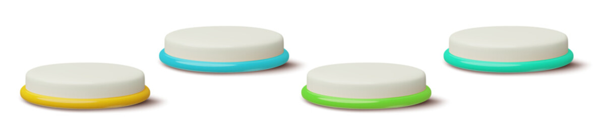 Round 3d podiums set. Different color cartoon plastic cylinder podiums with shadow isolated on white