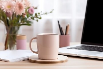 Blank white coffee mug mockup on work desk Generative AI.