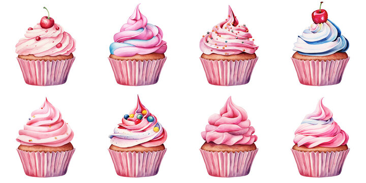 Set of pink watercolour cupcakes decorated with fruits and cream isolated. 