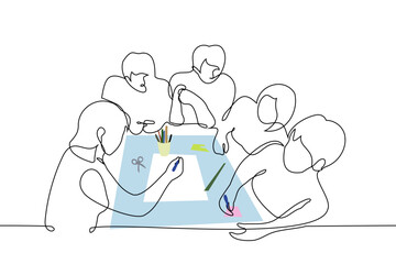 group of friends doing crafting - one line art vector. concept handmade, creating a craft product, create a design