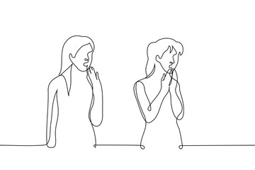 women stand in shock with open mouths - one line art vector. concept innocent, prude, listening to insults, seeing something outrageous