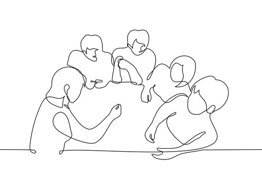 Group Of People Men And Women Sit At A Table In A Close Circle - One Line Art Vector. Concept Friends Are Talking, Team Or Colleagues Are Conferring