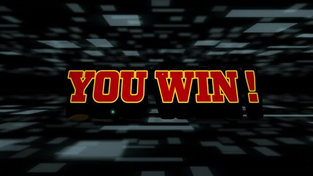 Animation of you win text with exclamation and lightning over squares against black background