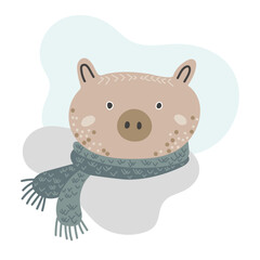 Hand drawn portrait of cute wild boar in scandinavian style in pastel colors isolated on white background. Design element for baby clothes, cards, textiles, fabrics, wallpapers