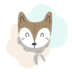 Hand drawn portrait of cute fox in pastel colors in scandinavian style isolated on white background. Design element for baby clothes, cards, textiles, fabrics, wallpapers