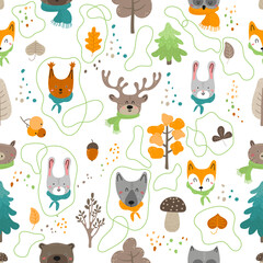 Seamless hand drawn pattern with cute wild animals in Scandinavian style on a white background. Design for wrapping paper, wallpaper, fabric, textile