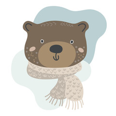 Hand drawn portrait of a cute bear in scandinavian style in pastel colors on a white background. Design element for baby clothes, cards, textiles, fabrics, wallpapers