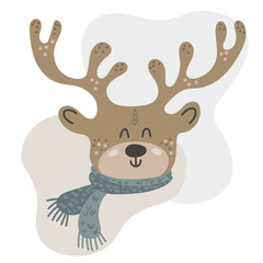 Hand drawn portrait of a cute moose in pastel colors in Scandinavian style on a white background. Design element for baby clothes, cards, textiles, fabrics, wallpapers