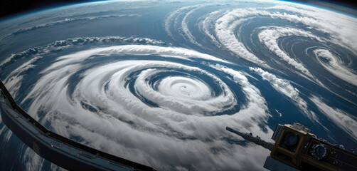 Eye of Hurricane. Hurricane on Earth. Typhoon over planet Earth. Category 5 super typhoon approaching the coast. View from outer space. Generative AI - obrazy, fototapety, plakaty