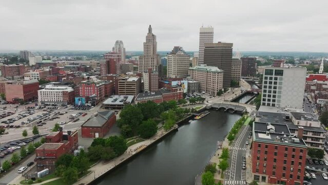 Aerial shot of approaching Providence Rhode Island skyline New England