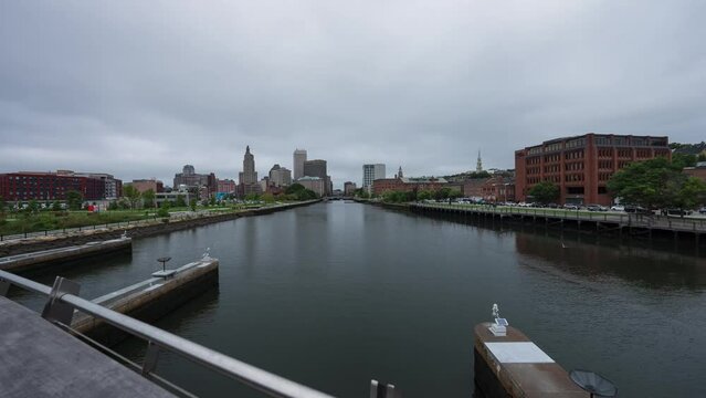 Wide timelapse on bridge of Providence Rhode Island with fast moving clouds New England