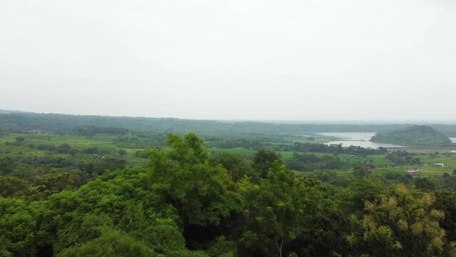Aerial view, views around Setu Patok Lake or Reservoir, Cirebon, Indonesia.