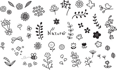 シンプルな花植物の手描き線画セット