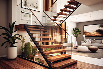 Luxury hallway with wooden stairs to bedroom on 2nd floor