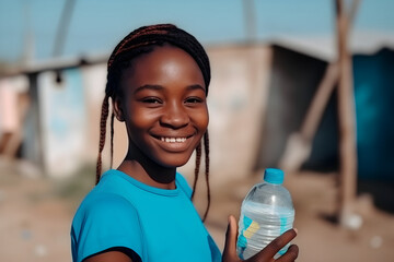 African girl with a bottle of clean water in her hand.