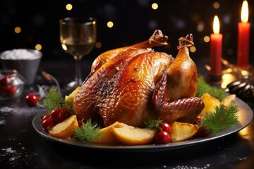 christmas fried cooked duck with fruits and potatoes on a stewed background. christmas concept