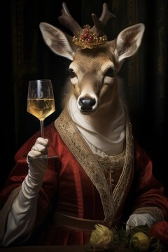 Holiday Christmas deer drinking glass of wine on a historic style portrait. Medieval pop art. 