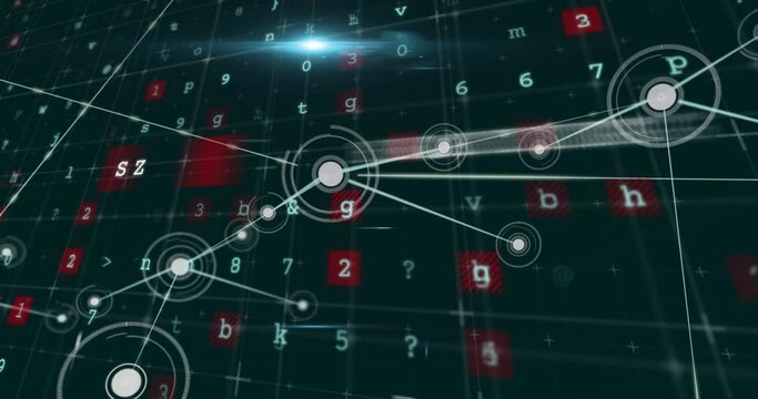 Animation of system hacked, malware, alert text with letters and numbers over connected dots
