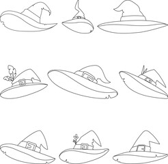 These are many big Halloween witch hats. Childrens coloring page.