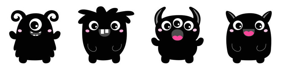 Monster set line. Happy Halloween. Cute face with eyes, horns, teeth. Black silhouette monsters. Cartoon kawaii funny boo character. Childish baby collection. Flat design. White background.