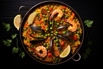 paella on black background top view