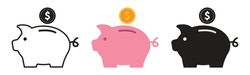  Piggy bank with dollar coin icon set. Symbol of profit and growth.Stability and security of money storage