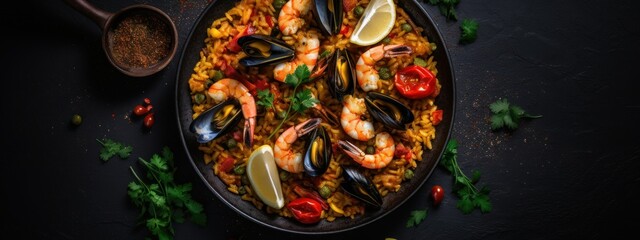 paella on black background top view