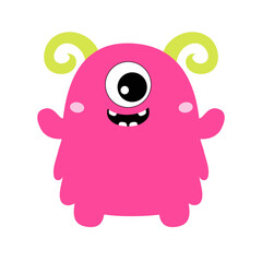 Monster. Happy Halloween. Cute head face with horns, teeth. Pink silhouette monsters. Cartoon kawaii funny boo character. Childish baby collection. T-shirt design. White background. Flat design.