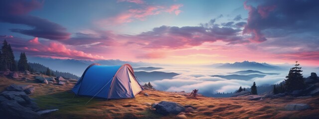 Tent on top of mountain at sunrise over mountains beautiful landscape. Travel concept. generative ai.