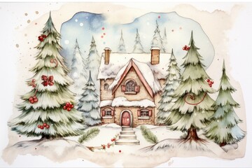 christmas concept. New Year's forest and houses in the snow, painted in watercolor technique, in neutral colors. postcard
