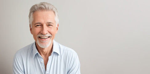 Beautiful gorgeous 60s age beautiful elderly senior model man with grey hair smiling. Mature old man close up portrait on white. happy healthy active old age. dating service for elderly. Generative AI - Powered by Adobe