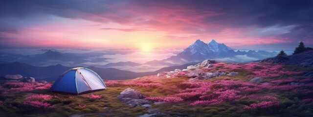 Tent on top of mountain at sunrise over mountains beautiful landscape. Travel concept. generative ai.