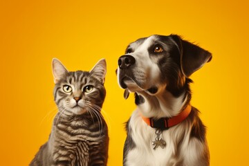 Dog and cat are friends on a yellow background. generative ai.