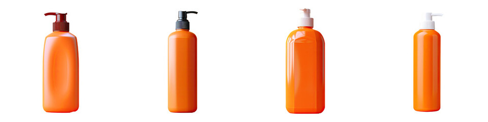 transparent background isolates orange plastic shampoo bottle - obrazy, fototapety, plakaty