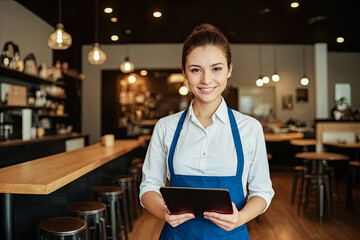 Small business restaurant owner looking at camera. Smiling, young and attractive Happy waitress holding tablet. Generative AI