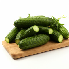 Tasty green cucumbers on wooden cutting board, isolated on white, ai technology