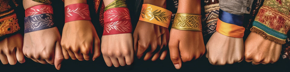 United Hands - Group's Embrace with Ethnic Ribbons and Ukrainian Flag, Symbolizing Solidarity and Unity. AI Generative