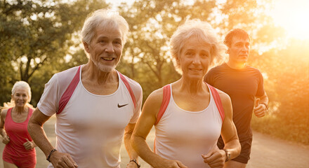 active happy old age. Cheerful active senior couple jogging in public park together having fun lifestyle. Perfect activities for elderly people. Generative AI