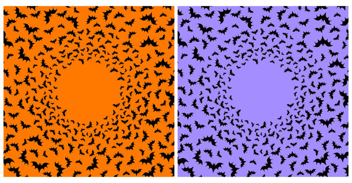 Halloween Party Vector Background with Black Flying Bats.Round Frame Made of Bats Isolated on a Violet and Orange Background. Halloween Layout with Copy Space ideal for Card, Banner, Flyer.RGB Colors.