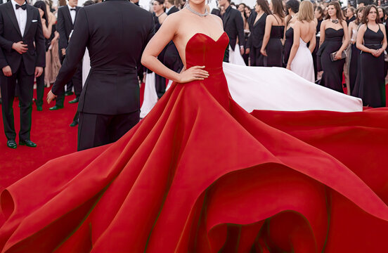 Celebrity nominees hit the red carpet for the premiere. Woman in gorgeous evening dress. glamourous female celebrity posing for paparazzi pictures on red carpet. generative ai