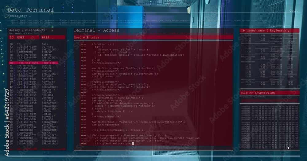 Poster animation of computer language and interface over server room