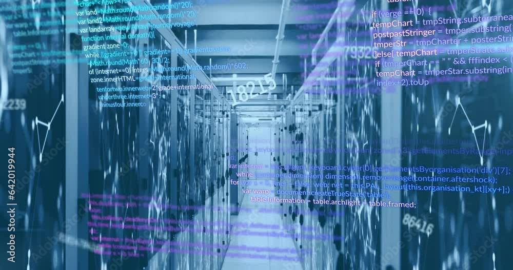 Poster animation of changing numbers and computer language over connected dots on server racks